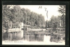 Old postcard Chablis, Moulin des Croix, people on the river bank 