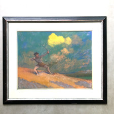 TIR A L'ARC pastel signé FEGUIDE contemporain tableau vintage antique µ