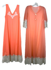 36 60s 70s 2 Pc Neon Coral Chiffon Nylon Nightgown Robe Peignoir  Set Lace