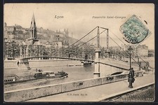 Old postcard Lyon, Passerelle Saint-Georges and river view with river boat 