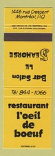 Matchbook Cover - Restaurant L'oeil de Boeuf Montreal QC WEAR