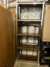 Tall Silver Chrome Etagere with 4 Wood Veneer Shelves