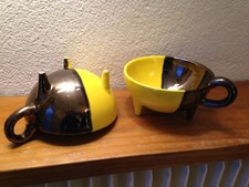 2 Stunning Vintage Retro Two Tone Coffee Tripod Bowls Signed Luc Vallauris