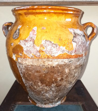 1 antique pots.  yellow varnished terracotta grease candy jar