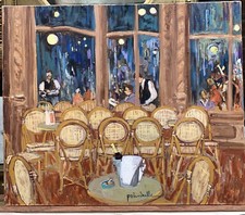 Tableau Peinture Huile Patrice Poindrelle Vue Terrasse Café Nuit Paris Van Gogh