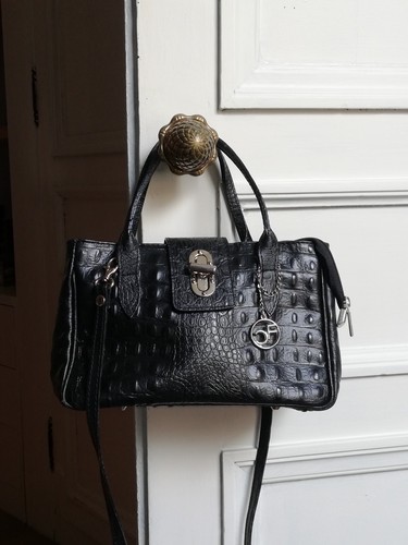 Sac cuir noir façon croco - sac,
