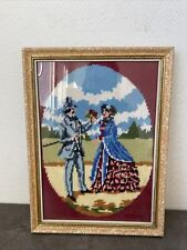 Ancien Cadre Canevas Couple Deco Rétro Broderie Laine