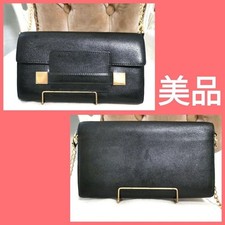 DELVAUX Logo Bifold Long Wallet Leather Black w/chain Strap RARE Used