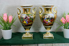 PAIR antique 19thc Vieux paris porcelain hand paint Swan handles Vases romantic 