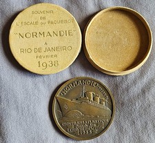 Médaille Bronze Paquebot Normandie Le Havre New York 1935 + Boîte Rio de Janeiro