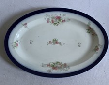Grand Plat Ovale Ancien Porcelaine Épaisse Decor De Flaurs Contour Bleu Cobalt