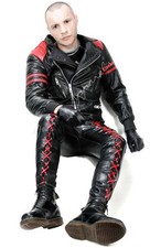 Pantalon jean à lacets en cuir rouge et noir fétiche bondage gay bulf GT