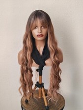 Perruque Élégante Marron et Blonde de 26 Pouces avec Frange pour Femmes