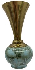 Vntg Art Deco Delft Trumpet Hand Painted Luster Bud Vase Brass Holland 1920/30
