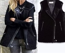 ZARA Noir Motard Faux Fourrure Motard Gilet Bloggers Taille M L Medium Large