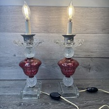 Vintage Art Deco Cranberry Glass 18” Table Mantel Lusters Electric Lamp~set Of 2