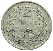 1909 Silver Coin 2 Francs Belgium Leopold II Koning Des Belges Free UK Post #762