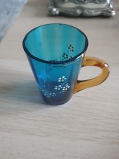 ANTIQUE BLUE YELLOW ENAMEL CRYSTAL GLASS WITH HANDLE FLORAL DECOR