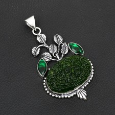 Moldavite Glass Green Quartz Gemstone Ethnic Leaf Pendant Jewelry 2.72" AP-92544