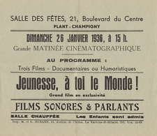 Ticket de Cinéma ancien: Salle du Plant-Champigny-sur-Marne, 1936