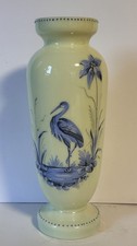 Antique Large French Opaline Glass Vase With Hand Painted Blue Heron Among Reeds
