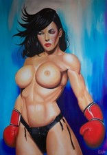 Tableau peinture huile sur toile - Avis de tempête - La boxeuse aux seins nus