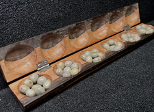 VINTAGE AWALE GAME- HAND CARVED WOODEN GAME BOARD & Original Seeds