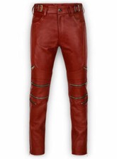 Pantalon en cuir véritable fait main pour hommes pantalon rouge motard motard