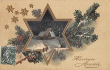 Postcard FANCY / HAPPY YEAR / LANDSCAPE WITH FIR BRANCH / WAFFLE