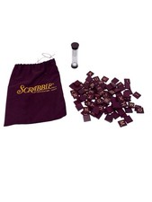 Scrabble Deluxe Bag W/Wood Letter Tiles Set Of 97 Maroon Burgundy & Sand Timer