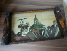 OLD TRAY glass top ANSES PAINTED WOOD PYROGRAPH COLMAR stork BOLI