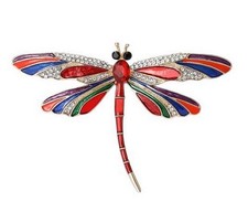 Broche bijou insecte libellule rouge dominant, acier inoxydable.