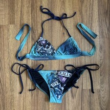 ED HARDY Vintage Y2K Rare Blue Black Skull Love Kills Slowly String Bikini Set