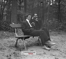 Two men in Bois de Boulogne, glass plate, old photo, negative 9x12 cm