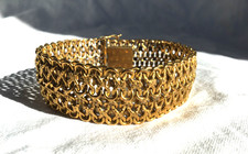 LARGE BRACELET  PLAQUE OR ANCIEN VINTAGE POINÇON MAILLE TRESSÉE AMERICAINE