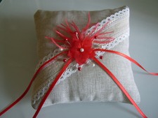 Coussin pour Alliance Rouge/Ivoire/Blanc/Beige Toile jute nature Mariage Mariée 