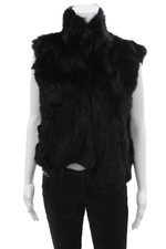 Adrienne Landau Womens Rabbit Fur Open Front Sleeveless Vest Jacket Black Size S
