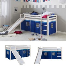 Lit mezzanine enfant 90×200 cm avec toboggan pin blanc rideau bleu Homestyle4u