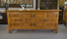 1960's Large Solid Oak Wrought Iron Rustic Style 4 Door Sideboard