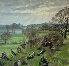 Peinture À L'Huile Anonyme Paysage Avec Des Arbres 46 X 50 Cm