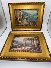 (2) Patio Veranda Water View Scene Design Prints Gold Frames 8.75”Hx10.5”W