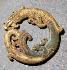 2.8" chinois Hetian Jade or sculpté Fengshui Dragon Bête Statue Pendentif Bi