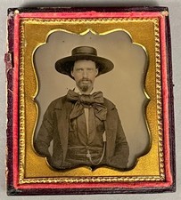 1/6 PLATE AMBROTYPE (NOT DAGUERREOTYPE) OF BEARDED MAN, VERY WIDE-BRIMMED HAT
