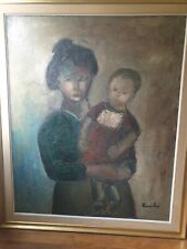Sylvain Lambré (1889-1958) Grand Portrait Mère et enfant, Expressionnisme Belge 
