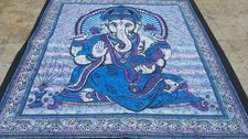 Ganesha Tenture Couvre-lit indien Bleu Fait main Coton Inde Queen Asie V