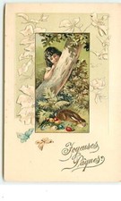 Carte Gaufrée - Joyeuses Pâques - Fillette regardant un lièvre - 10331
