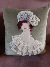 Art Deco cushion women's decor 1925, green velvet lace, craft 1930 1950 
