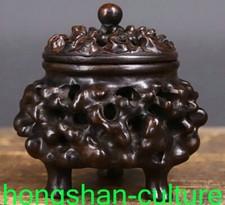 5.1" Old Ebony Wood Carving Dynasty Hollow Pattern Brûleur d'encens Encensoir