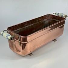 VINTAGE FRENCH LARGE COPPER JARDINIERE PLANTER WITH CERAMIC FLORAL HANDLES