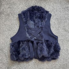 Genuine lapin rabbit fur gilet lace up back sleeveless jacket blue hook and eye